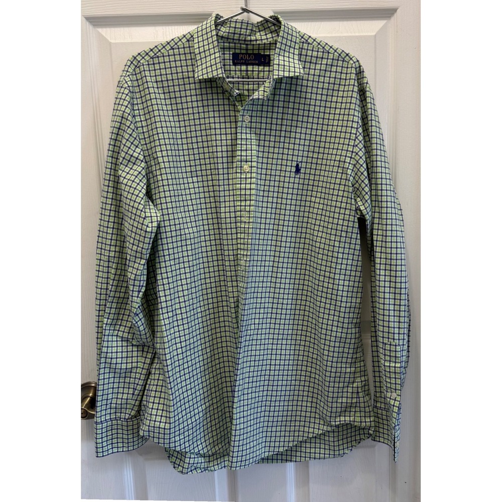 Polo Ralph Lauren Mens Green Blue Gingham Check Long Sleeve Button Down Shirt L